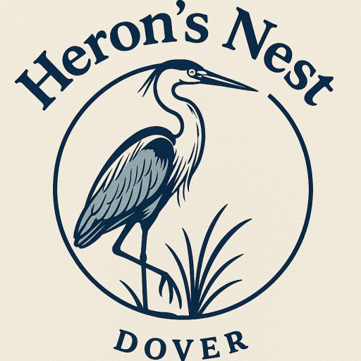 Heron illustration with text Heron's Nest Dover logo design